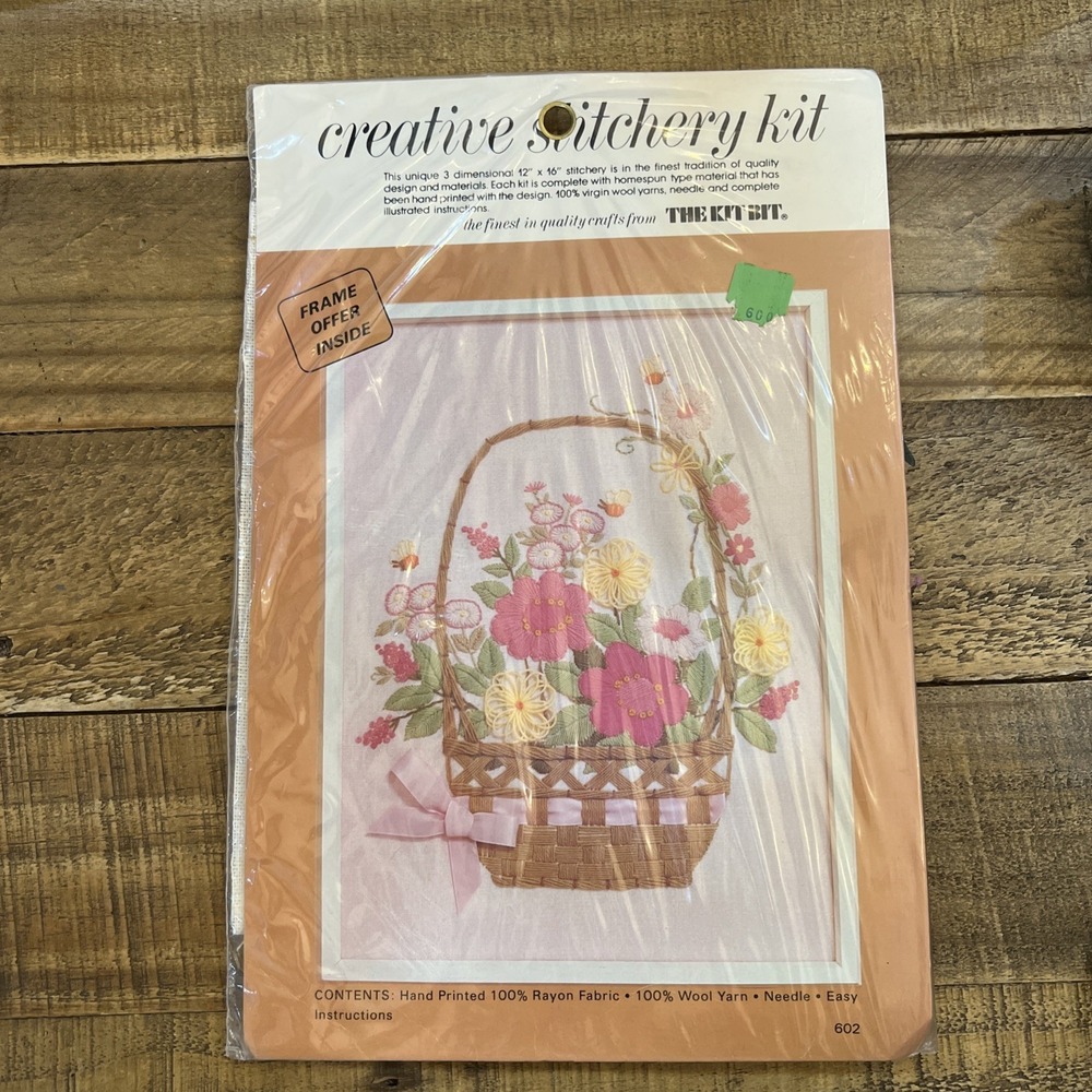 NOS Vintage 1975 The Kit Bit Creative Stitchery Kit 602 MCM Flower Basket
